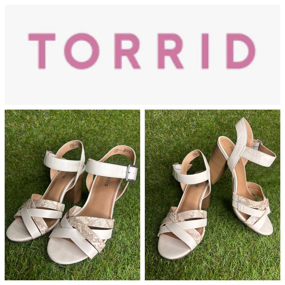 TORRID Caged Front Stacked Heel Sandals Bone/Snakeskin 9W